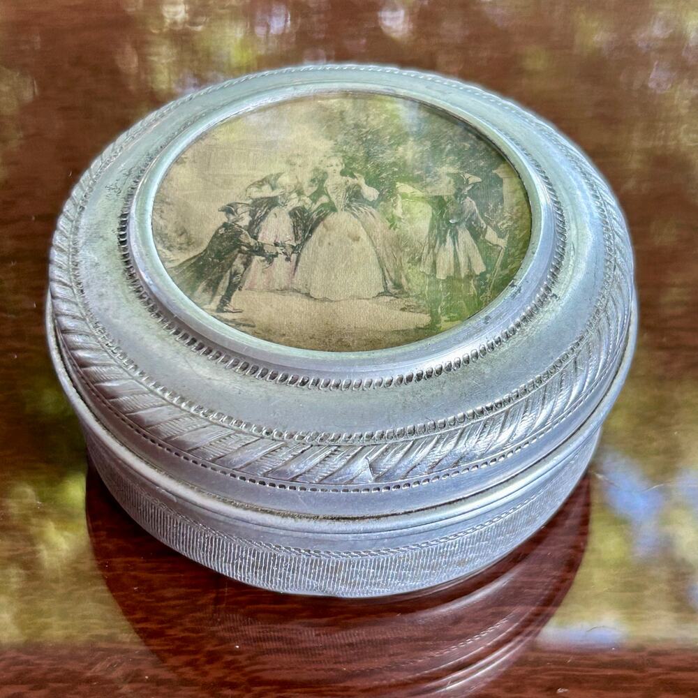 Vintage Aluminum Round Trinket Box with Romantic Courting Scene
